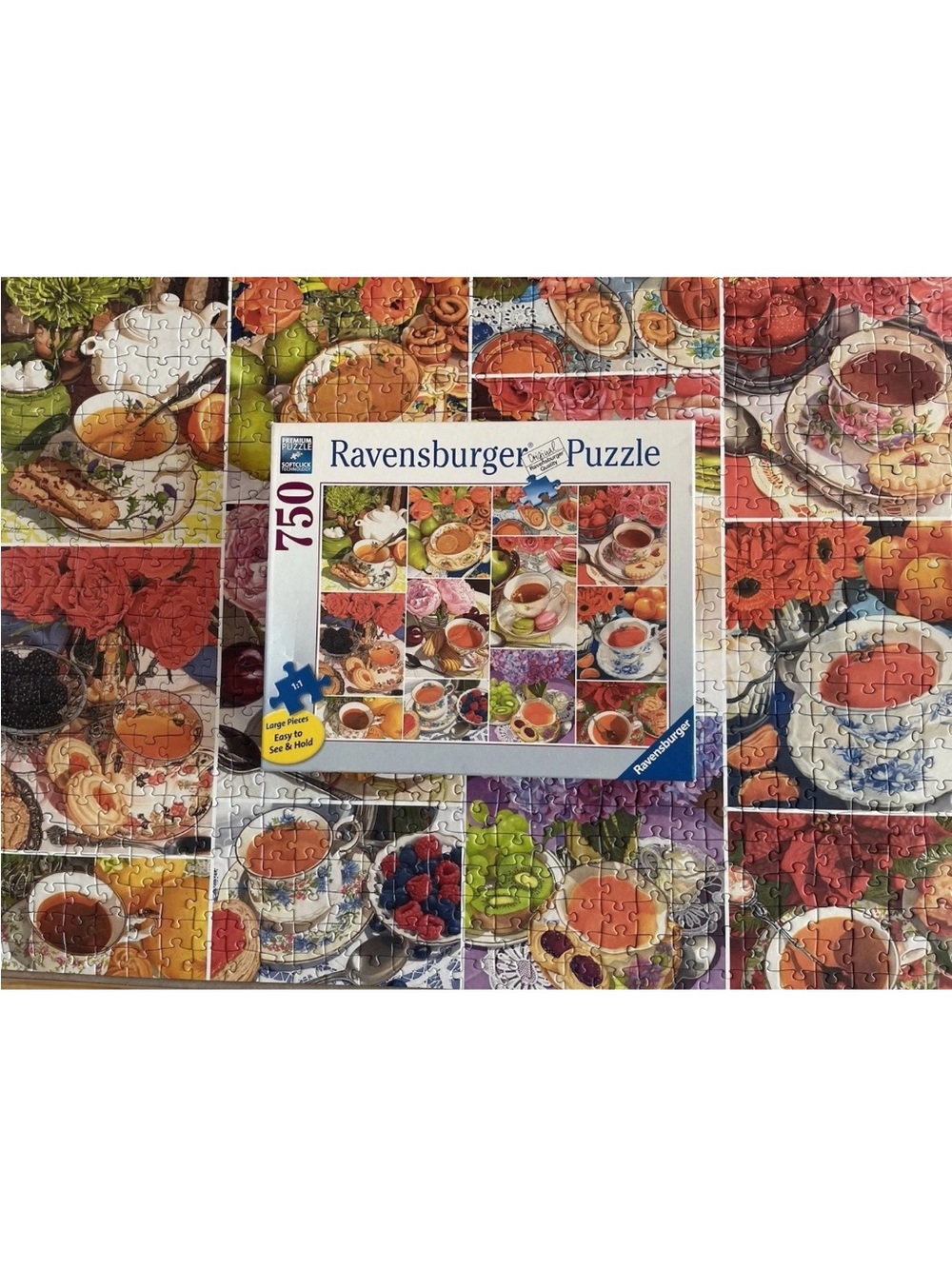 Ravensburger 750 Large Piece Format Colorful Tea and Floral Collage Puzzle